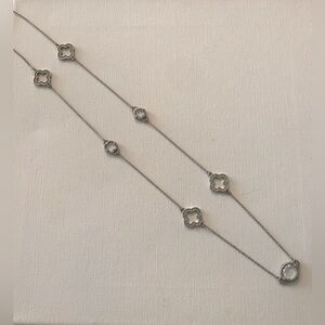 Silver Tone Four Clover White Rhinestones Stations Long Chain Necklace 36”